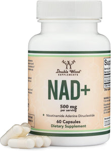 Supplement bottle labeled 'NAD+' with capsules on a white background