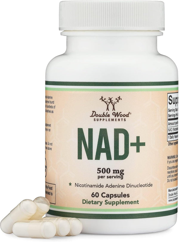 Supplement bottle labeled 'NAD+' with capsules on a white background