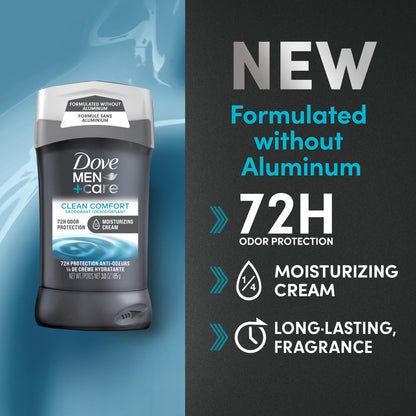 Dove Men+Care Deodorant Stick For Men Aluminum Free 72-Hour Odor Protection Clean Comfort Mens Deodorant With 1/4 Moisturizing Cream, 3 oz