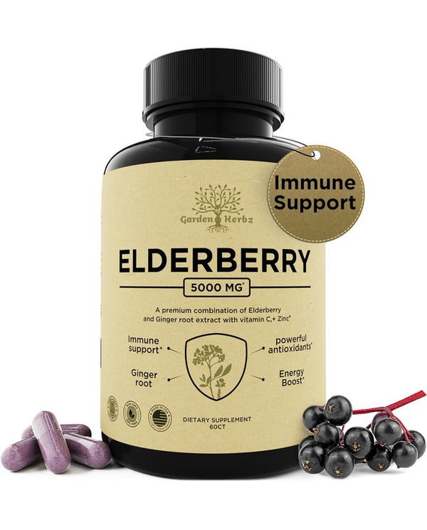 Elderberry with Vitamin C, Zinc, & Ginger – Potent Immune Booster - 60 Caps
