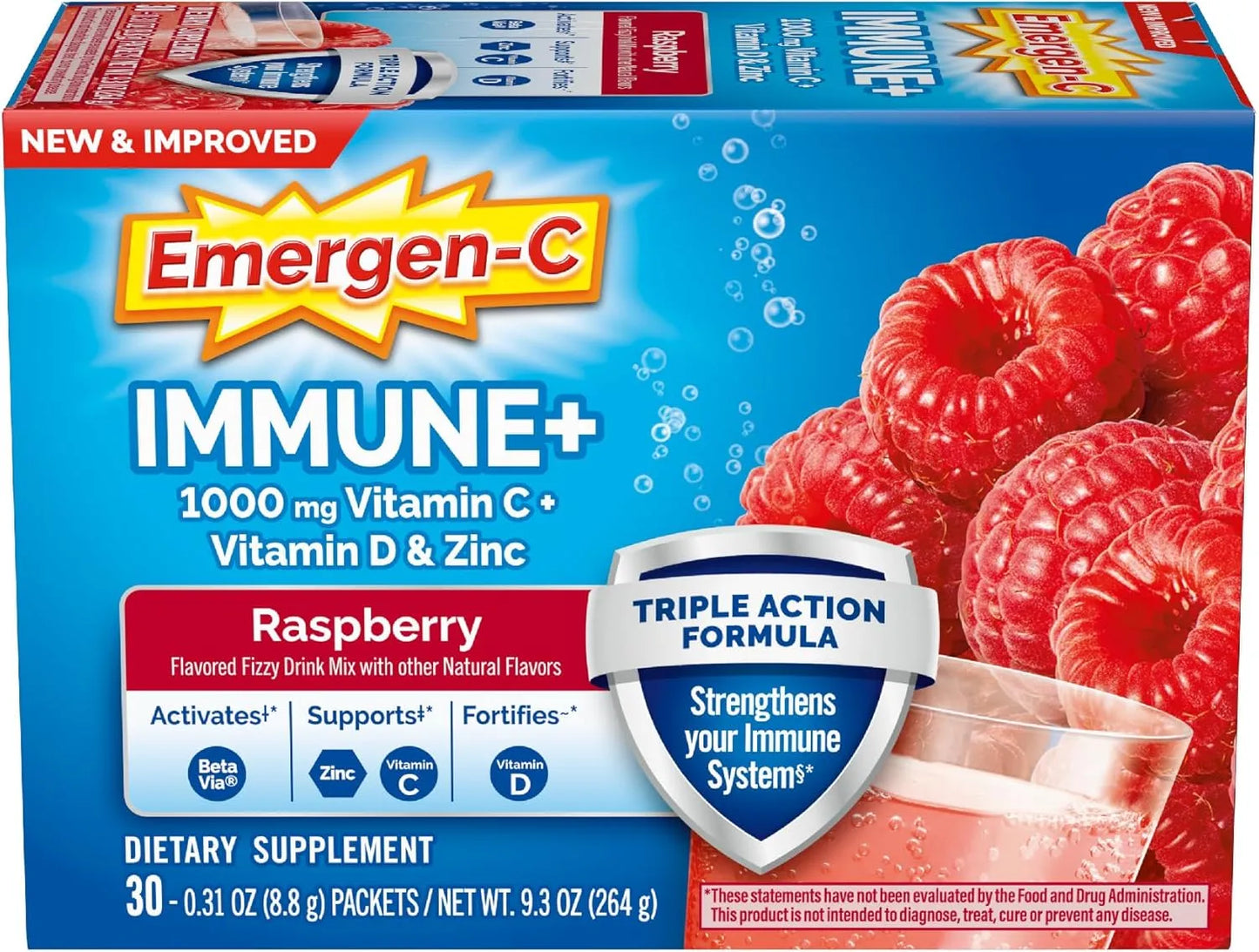 Emergen-C Immune+ Triple Action Immune Support Powder, Raspberry - 30 Count