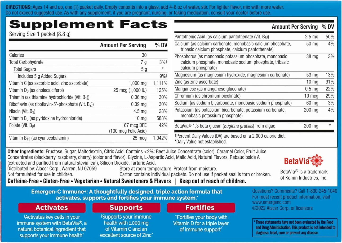 Emergen-C Immune+ Triple Action Immune Support Powder, Raspberry - 30 Count