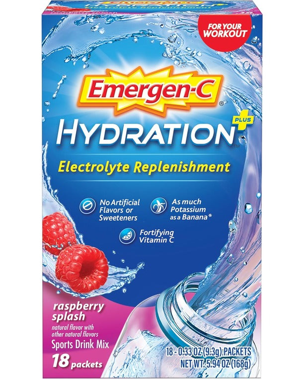 Emergen-C Hydration+ Sports Drink Mix With Vitamin C (18 Count, Raspberry Flavor), Electrolyte Replenishment, 0.33 Ounce Powder Packets
