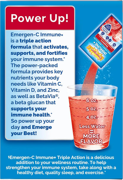Emergen-C Immune+ Triple Action Immune Support Powder, Raspberry - 30 Count