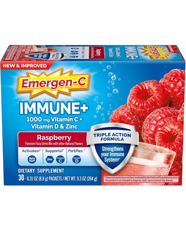 Emergen-C Immune+ Triple Action Immune Support Powder, BetaVia (R), 1000mg Vitamin C, B Vitamins, Vitamin D and Antioxidants, Raspberry – 30 Count
