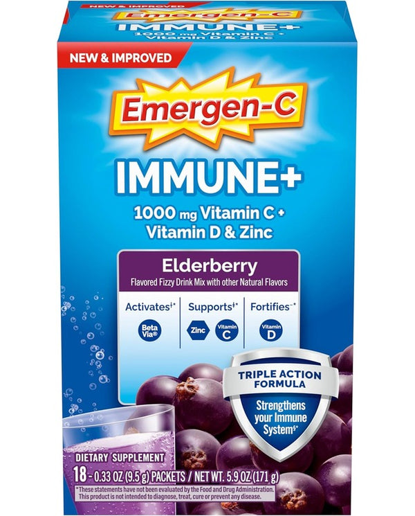 Emergen-C Immune+ Vitamin C 1000mg (18 Count, Elderberry) Dietary Supplement Fizzy Drink Mix Powder Packets
