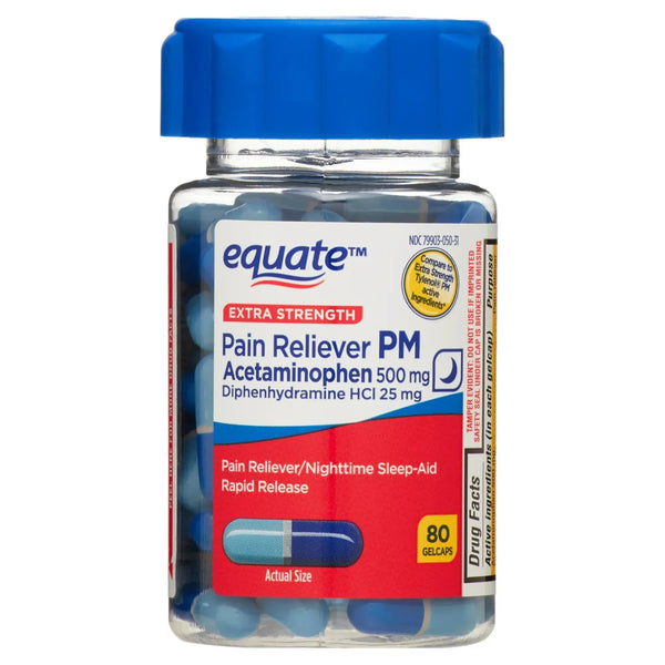 Equate Extra Strength Pain Reliever PM Caplets, Acetaminophen 500 mg, Diphenhydramine HCL 25 mg, 80 Count
