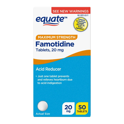 Equate Famotidine Tablets, 20 mg, Maximum Strength, Acid Reducer for Heartburn Relief 50 count
