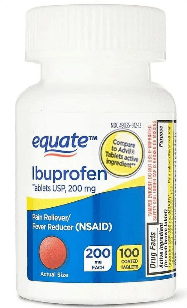 Equate Ibuprofen Pain Reliever and Fever Reducer Coated Tablets, 200mg, 100 Count Equate