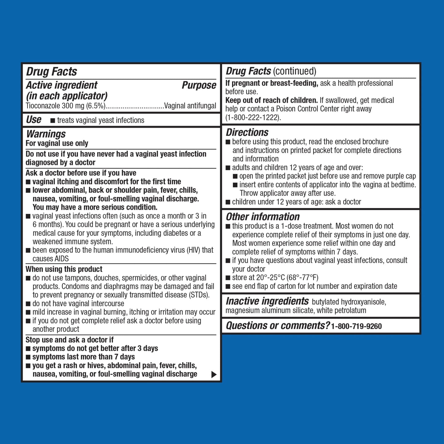 Drug facts label for a vaginal antifungal product on a blue background