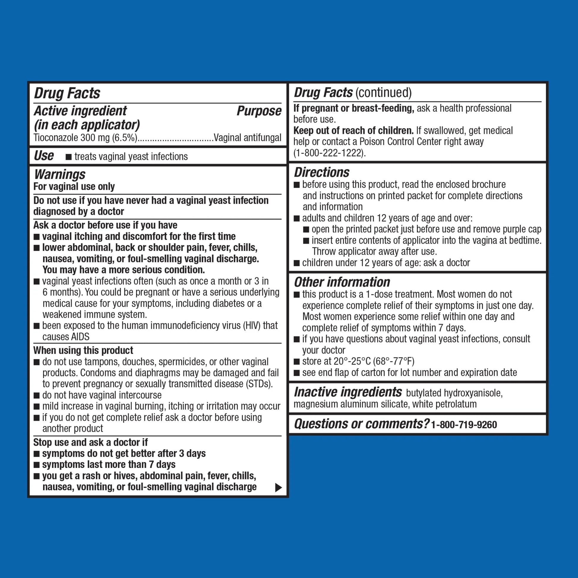 Drug facts label for a vaginal antifungal product on a blue background