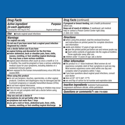 Drug facts label for a vaginal antifungal product on a blue background