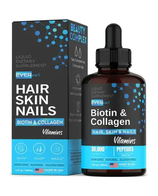 Everelief Liquid Collagen & Biotin Drops 30,000 mcg for Hair Growth Biotin & Collagen Supplements for Hair, Skin & Nails 2 fl oz
