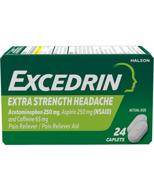 Excedrin Extra Strength Caplets for Headache Pain Relief, 250mg
acetaminophen, asprin 250mg, caffeine 65mg 24 Count