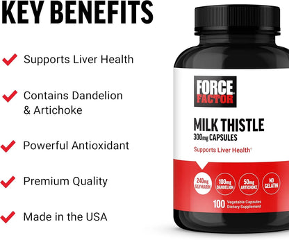 FORCE FACTOR Milk Thistle Liver Support with Dandelion Root and Artichoke, 300mg Silymarin, 100 Vegetable Capsules