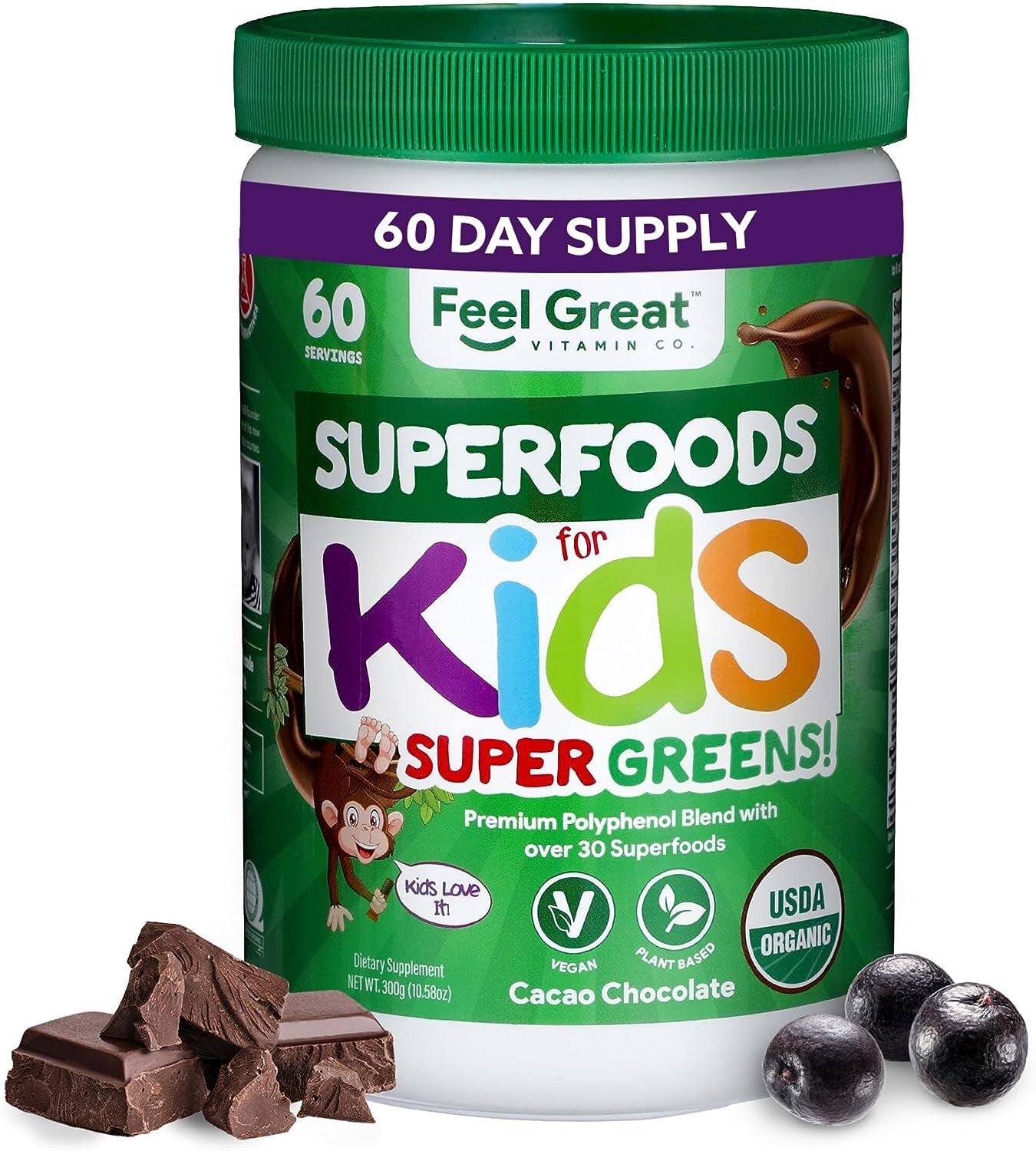 Feel Great USDA Organic Super Greens for Kids | Vegan Chocolate Greens Powder with Veggie Powder for Kids | Superfood Powder with Probiotics & Digestive Enzymes for Digestive Health | 2 Month Supply
