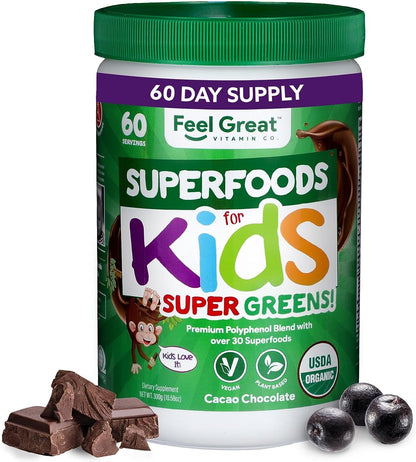 Feel Great USDA Organic Super Greens for Kids | Vegan Chocolate Greens Powder with Veggie Powder for Kids | Superfood Powder with Probiotics & Digestive Enzymes for Digestive Health | 2 Month Supply
