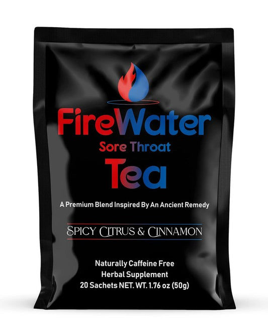 FireWater Sore Throat Tea - Organic Caffeine Free Herbal Tea, Relieves Sore Throats, Chronic Cough, Mucus, Sinus Congestion, Spicy Citrus and Cinnamon. - 20 Sachets
