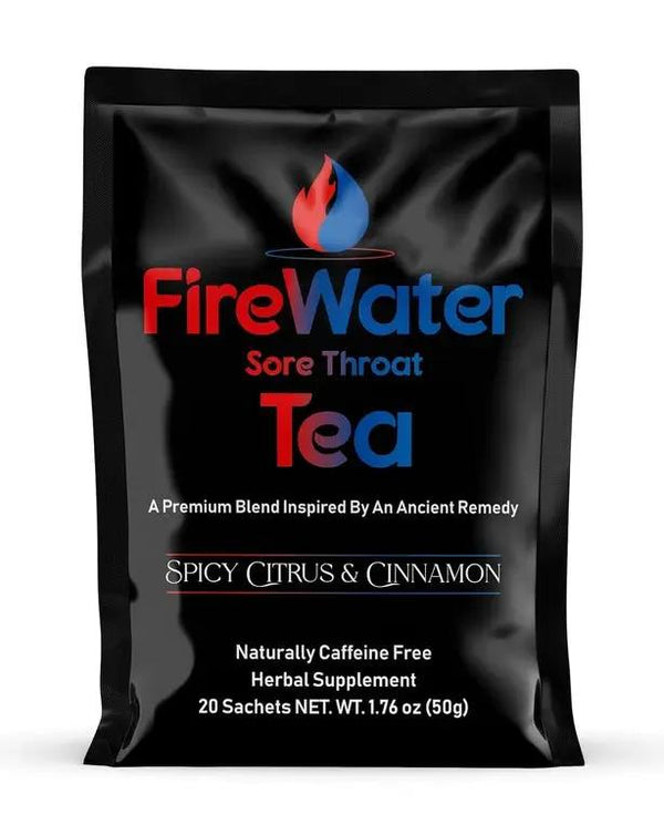 FireWater Sore Throat Tea - Organic Caffeine Free Herbal Tea, Relieves Sore Throats, Chronic Cough, Mucus, Sinus Congestion, Spicy Citrus and Cinnamon. - 20 Sachets
