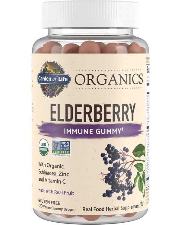 Garden of Life Organics Elderberry Gummies for Adults & Kids - Immune Support Supplement with Organic Fruit, Herbal Blend, Elderberry, Echinacea, Zinc, Vitamin C, 120 Vegan Gluten Free Gummies
