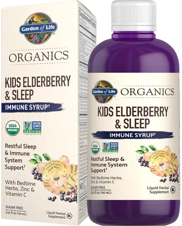 Garden of Life Organics Elderberry Immune Support for Kids with Zinc, Vitamin C - Kids Elderberry & Sleep Immune Syrup Liquid, Bedtime Herbs for Children, No Alcohol, No Added Sugar, 3.92 fl oz
