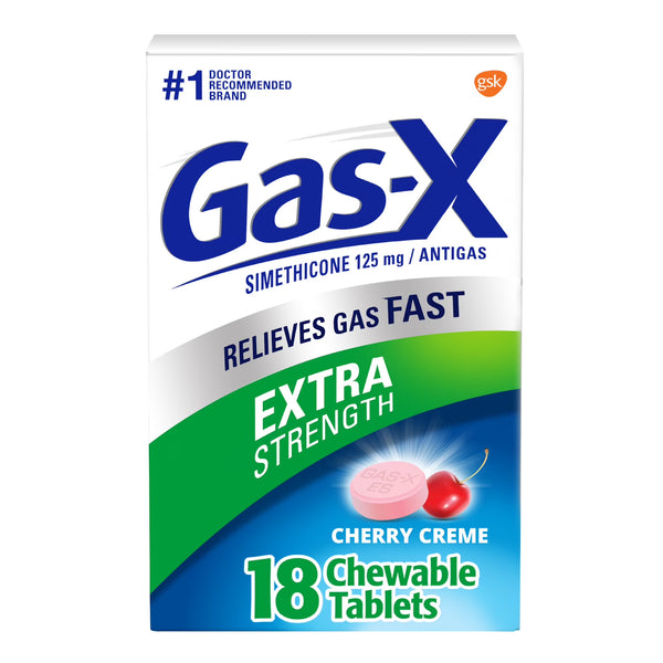 Gas-X Extra Strength Cherry Creme chewable tablets packaging on a white background