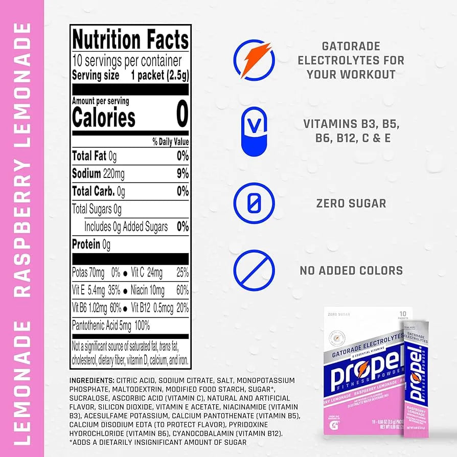 Gatorade Propel Powder Packet Electrolyte Raspberry Lemonade Flavor - 10 count