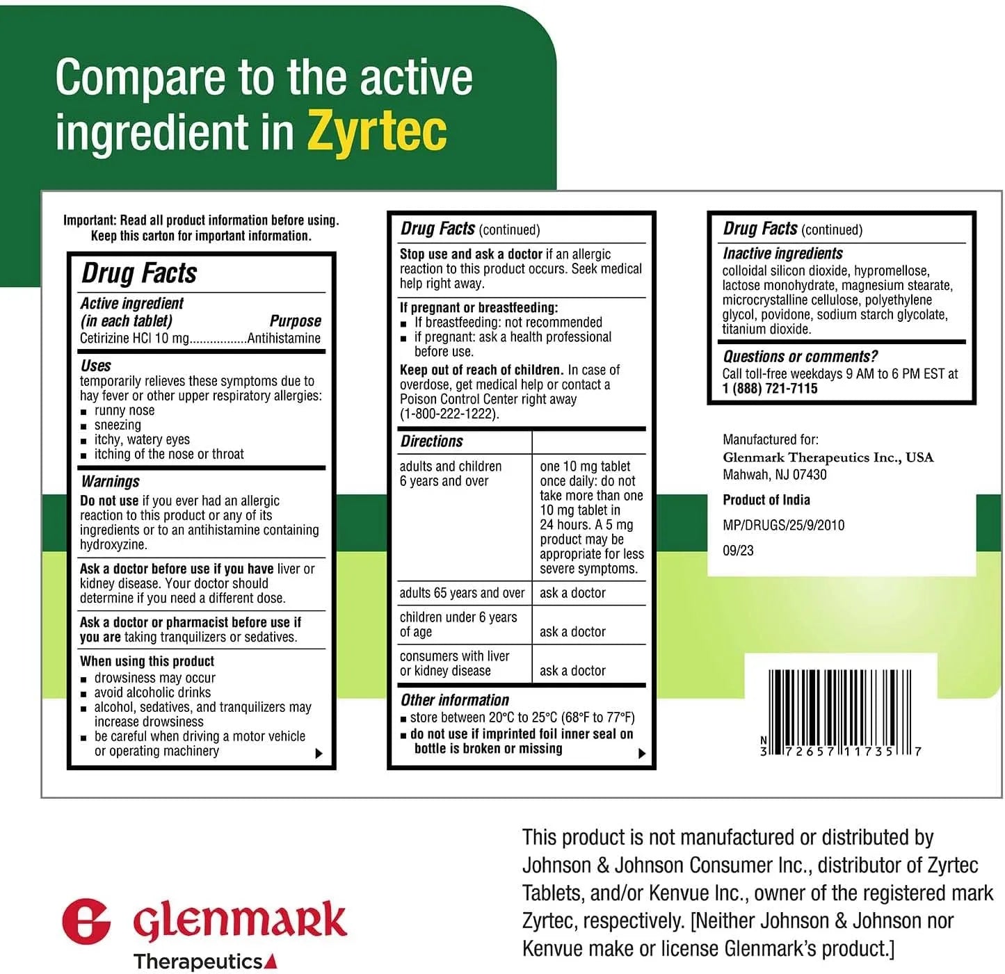 Glenmark Therapeutics 24-Hour Allergy Medicine, 10mg  365 Count