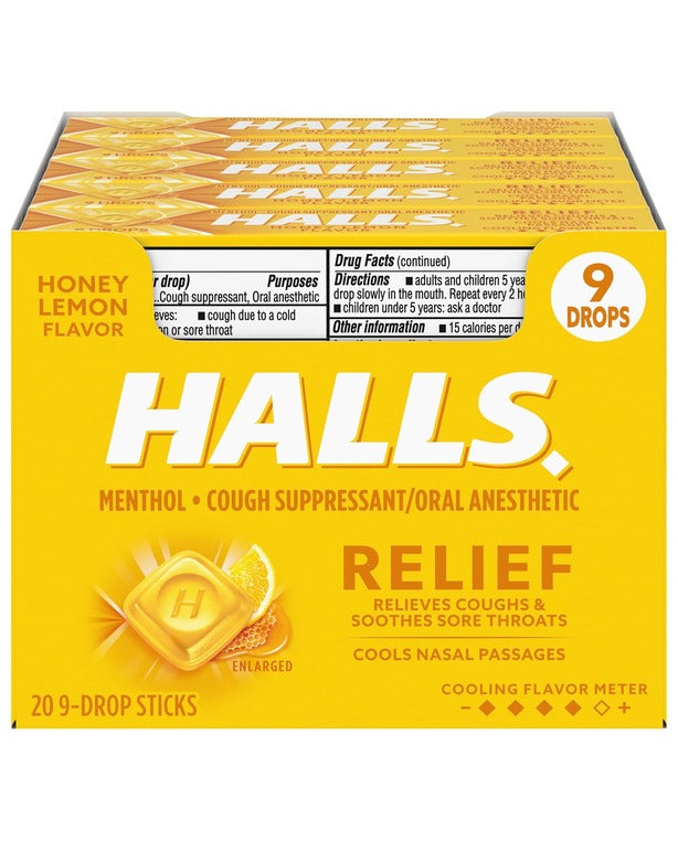 HALLS Relief Honey Lemon Cough Drops, 20 Packs of 9 Drops