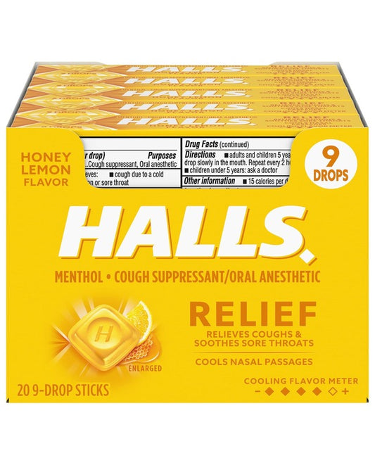 HALLS Relief Honey Lemon Cough Drops, 20 Packs of 9 Drops