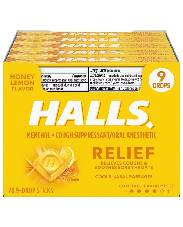 HALLS Relief Honey Lemon Cough Drops, 20 Packs of 9 Drops
