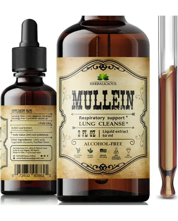 HERBALICIOUS Mullein Leaf Extract - Verbascum Thapsus Liquid Supplement - Herbal Tincture Promoting & Detox Lungs, Respiratory & Digestive Wellness - Lung Cleanse - Vegan Drops, Non-GMO - 2 fl. Oz
