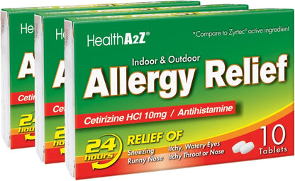HealthA2Z Allergy Relief | Cetirizine 10mg | All Day Allergy Relief | Indoor & Outdoor | Relief from Itchy Throat, Sneezing, Runny Noses (10 Count (Pack of 3))