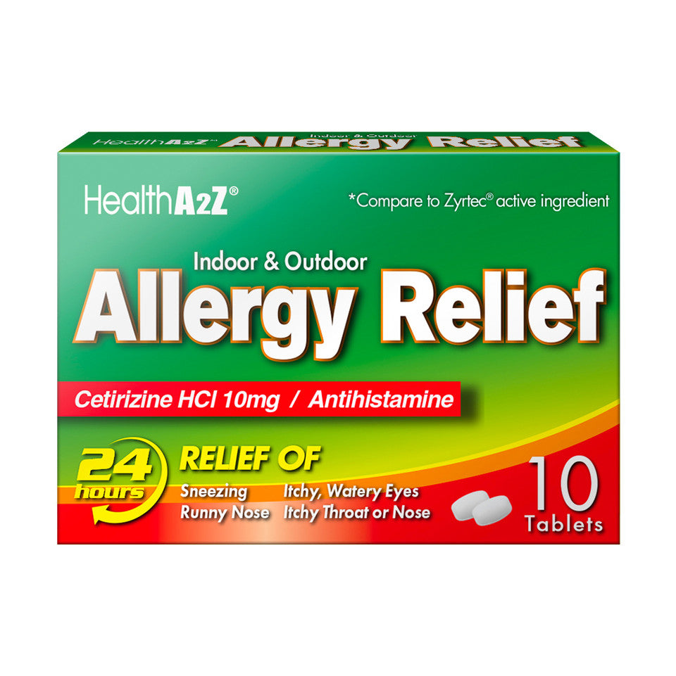 HealthA2Z Allergy Relief | Cetirizine 10mg | All Day Allergy Relief | Indoor & Outdoor | Relief from Itchy Throat, Sneezing, Runny Noses (10 Count (Pack of 3))