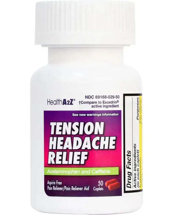 Health A2Z Tension Headache Relief | 50 Caplets | Acetaminophen 500mg | Caffeine 65mg | Pain Reliever Aid | Aspirin Free
