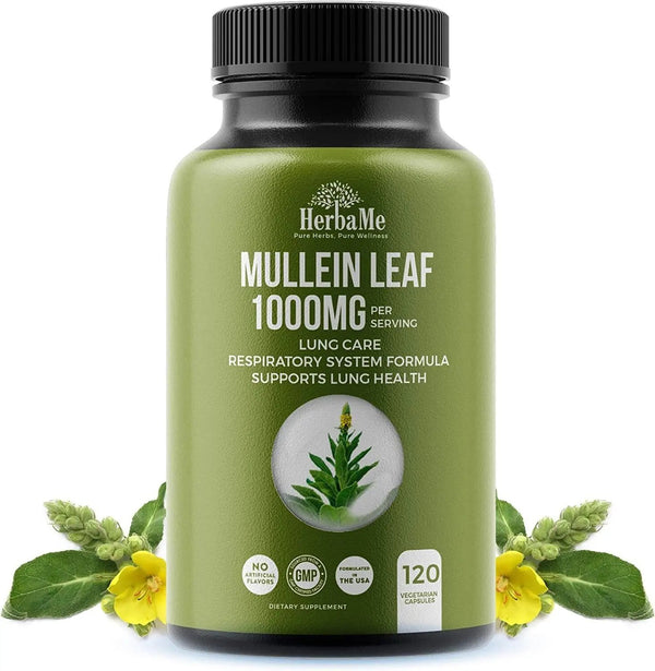 HerbaMe Mullein Leaf 1000mg, 120 Capsules, Detox Lung Cleanse, Supports Respiratory Function Health and Mucous Membranes, Lung Care, Promotes Ear Health, Mucus Relief Herbal Supplement
