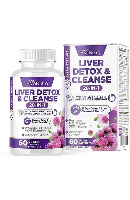 HivoNutra 28-in-1 Liver Cleanse Detox & Repair Fatty Liver Formula - Milk Thistle Silymarin, Artichoke Extract, Dandelion & Apple Cider Vinegar - Liver Health Supplement Support Pills - Vegan Capsules
