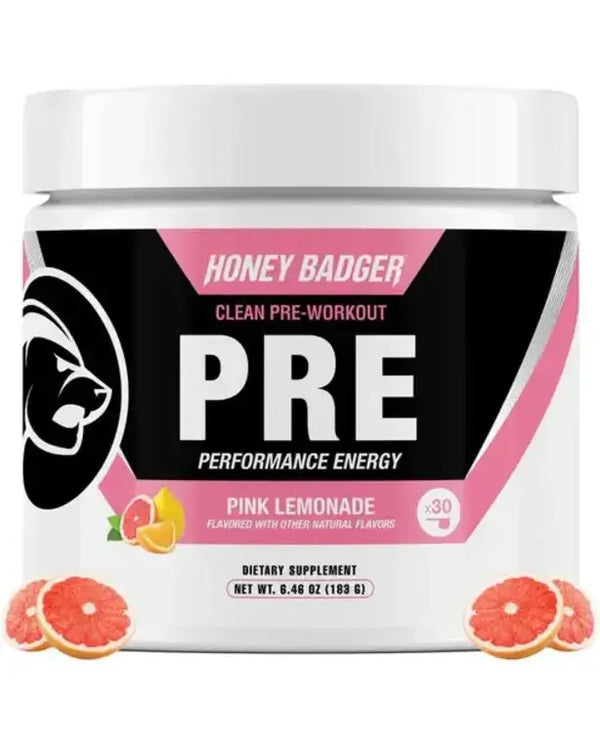Honey Badger Pre Workout Powder, Keto Vegan Preworkout for Men & Women with Vitamin C for Immune Support, Beta Alanine & Caffeine, Sugar Free Natural Energy Supplement, Pink Lemonade, 30 Servings
