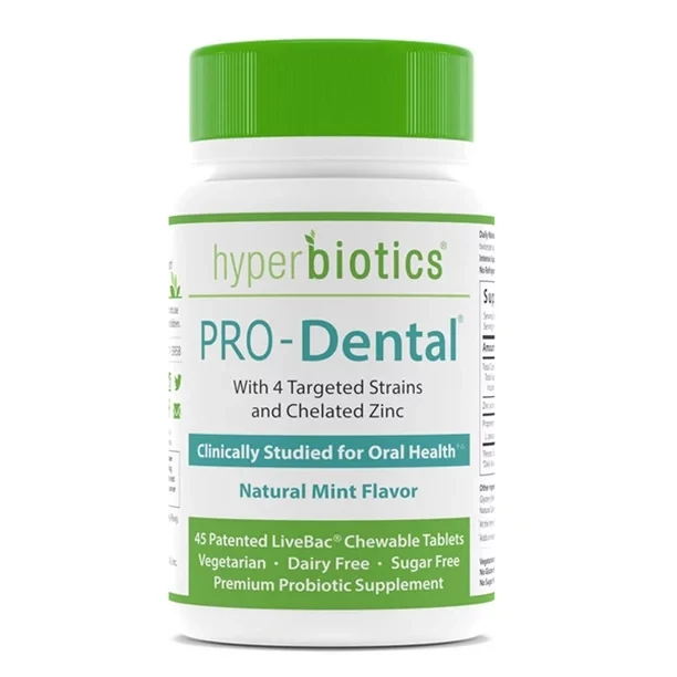 Hyperbiotics PRO-Dental w/ 4 Targeted Strains & Chelated Zinc - Clinically Studied for Oral Health - Natural Mint Flavor - 45 LiveBac Chewable Tablets
