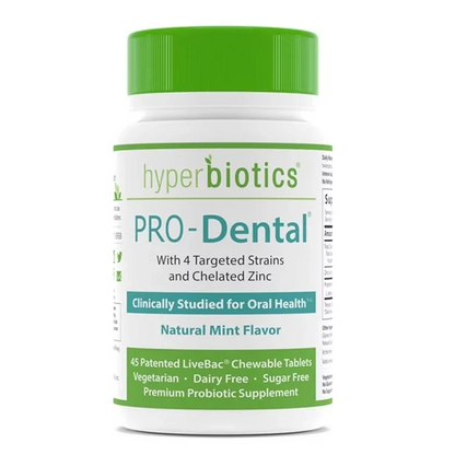 Hyperbiotics PRO-Dental w/ 4 Targeted Strains & Chelated Zinc - Clinically Studied for Oral Health - Natural Mint Flavor - 45 LiveBac Chewable Tablets
