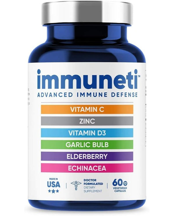 Immuneti - Advanced Immune Defense, 6-in-1 Powerful Blend of Vitamin C, Vitamin D3, Zinc, Elderberries, Garlic Bulb, Echinacea - Supports Overall Health, Provides Vital Nutrients & Antioxidants 60ct
