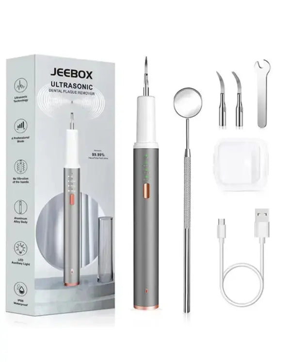 JEEBOX Plaque Remover for Teeth, Electric Tooth Cleaner Tartar Remover for Teeth, Teeth Cleaning Kit Dental Tools with 4 Adjustable Modes & 2 Replaceable Heads & Oral Mirror & LED Light
