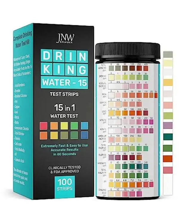 JNW Direct Drinking Water Test Kit - 15-in-1 Chlorine Drinking Water Test Strips with eBook - Lead Testing Kits for Drinking Water - Test Iron, Bromine, pH, Hardness, and More - 100 Tests
