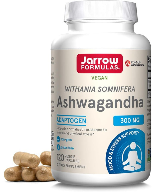 Jarrow Formulas Ashwagandha Capsules, 300 mg Supplement Supports Normalized Resistance to Mental and Physical Stress, 120 Veggie Capsules, 60 Day Supply
