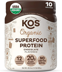 KOS Vegan Protein Powder, Chocolate USDA Organic - Low Carb Pea Protein Blend, Plant Based Superfood with Vitamins & Minerals - Keto, Soy, Gluten Free - Meal Replacement for Women & Men - 10 Servings
