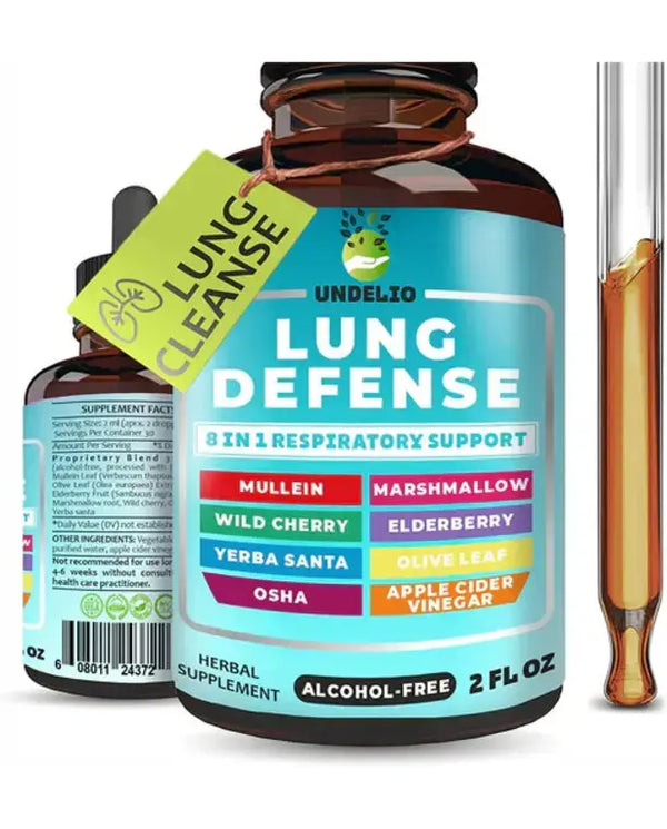 LUNG DEFENSE Herbal Extract - 8 in 1 Blend (Mullein, Marshmallow, OSHA, Wild Cherry, Elderberry, Yerba Santa, Olive Leaf, ACV) Lung Cleanse - Respiratory & Immune System support
