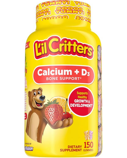 L’il Critters Calcium + D3 Daily Gummy Supplement for Kids, for Bone Support, Orange, Strawberry and Cherry Flavors, 150 Gummies
