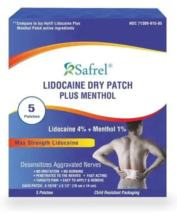 Lidocaine 4% Plus Menthol Dry Patch 5 Count, Unscented Non Gel Large Size Pain Relief Patches for Muscle Aches, Cramps, Back, Arthritis, Ankles, Elbows, Neck, Shoulder and Joint Pain Knees
