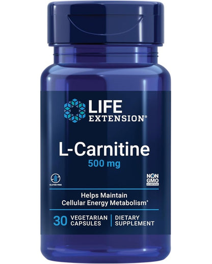Life Extension L-Carnitine – 500 mg, Energy Supplement, Memory Supplement – Free Form Amino Acid, Nitric Oxide Support, Healthy Blood Pressure – Gluten-Free, Non-GMO, Vegetarian – 30 Capsules
