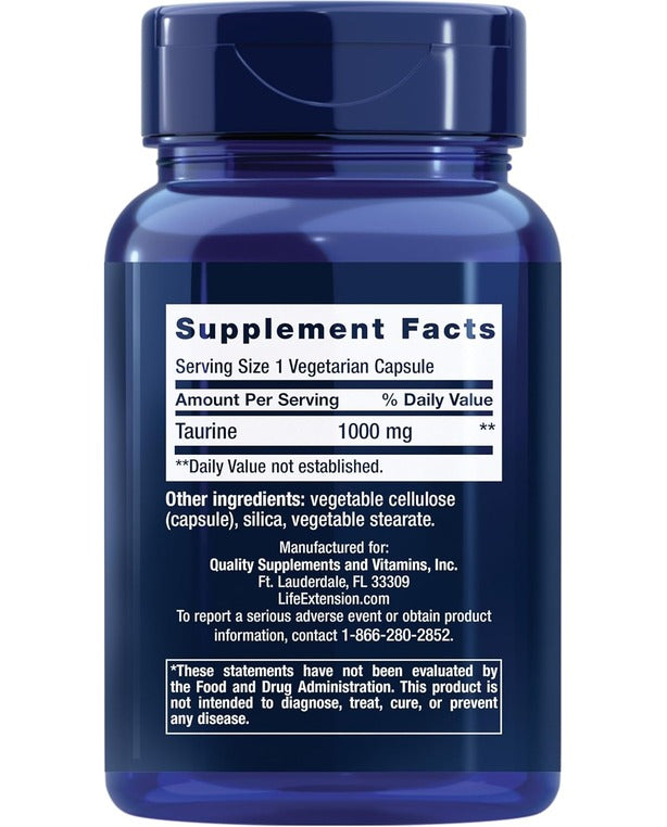 Life Extension Taurine, Pure Taurine Amino Acid Supplement, Heart, Liver and Brain Health, Longevity, Muscle and Exercise, 1000 mg dose, Non-GMO, Gluten-Free, Vegetarian, 90 Vegetarian Capsules